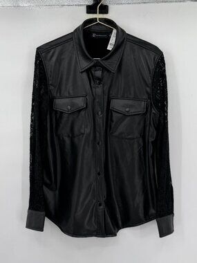 NY & Co Faux Leather Lace Sleeve Button Down Top Black Medium NWT